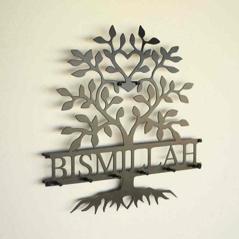 Bismillah Latin Key Holder, Basmala and Tree Metal Calligraphy Islamic Home Decor - Islamic Wall Art Store